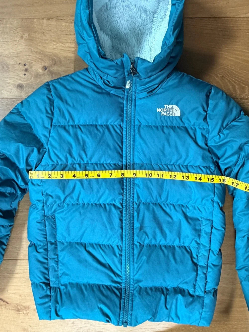 The North Face Youth 550 Down Fleece Lined Teal Blue Puffer Jacket Coat M 10/12
